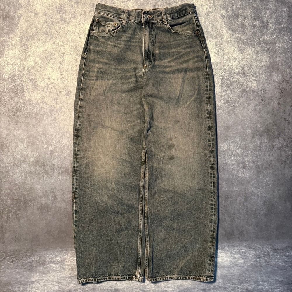 Zara Women Gray High Rise‎ Wide Leg Jeans Size 6 Distressed Washed Denim